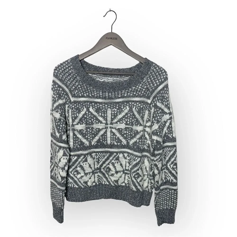 Alice + Olivia Boat Neck Lucille Snowflake Sweater-Silver/Cream - Size M